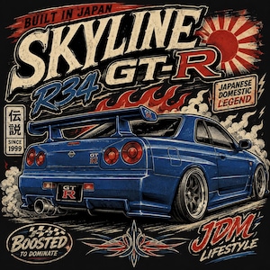 May include: A black graphic t-shirt featuring a blue Nissan Skyline R34 GT-R sports car. The design includes text reading BUILT IN JAPAN, SKYLINE R34 GT-R, JAPANESE DOMESTIC LEGEND, BOOSTED TO DOMINATE, JDM LIFESTYLE, and Japanese characters for legend.