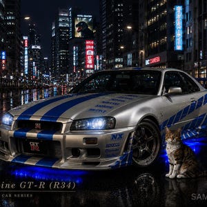 May include: A silver Nissan Skyline GT-R R34 sports car with blue racing stripes and underglow lighting, parked on a wet city street at night. A brown tabby cat sits in the foreground. The text Skyline GT-R (R34) and Dango Car Series is visible.