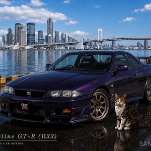 Skyline GT-R (R33) Harbor Daylight Wall Art – Classic JDM Car with Tabby Cat, Japanese Sports Car Poster | Dango Car Series