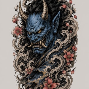 Puede incluir: Una ilustración detallada de un demonio oni de piel azul con cuernos afilados y colmillos expuestos, rodeado de humo gris arremolinado, tela oscura fluida y flores de cerezo rosadas sobre un fondo liso de color claro.