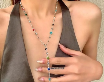Luxury Colorful Long Tassel Necklace for Women | Shiny Rhinestone Crystal Zircon Bohemian Statement Choker Jewelry
