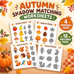 Könnte beinhalten: Vier ausdruckbare Herbst-Schatten-Zuordnungsarbeitsblätter mit farbenfrohen Illustrationen von saisonalen Objekten wie Äpfeln, Blättern, Eichhörnchen und Pilzen neben den dazugehörigen grauen Silhouetten für pädagogische Übungen.
