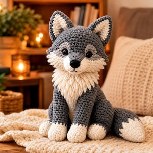 Könnte beinhalten: Eine handgefertigte Häkeltier-Wolf-Puppe in Grau-, Weiß- und Cremetönen. Der Wolf hat eine flauschige cremefarbene Brust und weiße Akzente an Ohren und Pfoten. Er sitzt auf einer cremefarbenen Decke.