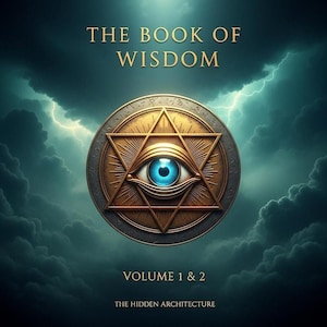 Op de afbeelding: Digitale illustratie van "The Book of Wisdom" met een centraal embleem met een oog in een ster- en driehoekontwerp. De achtergrond is een stormachtige lucht met bliksem. De tekst "VOLUME 1 & 2" en "THE HIDDEN ARCHITECTURE" zijn ook zichtbaar.