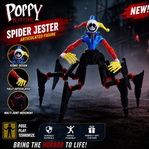 Może przedstawiać: Artykułowana figurka Spider Jester z Poppy Playtime. Figurka ma białą głowę z czapką błazna, niebiesko-czerwony tułów, żółte dłonie i czarne nogi pająka. Obraz zawiera tekst "NOWOŚĆ!"