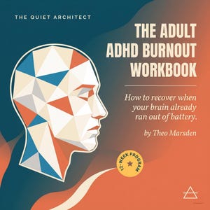May include: Book cover with a geometric illustration of a human profile. The title reads "THE ADULT ADHD BURNOUT WORKBOOK" with the subtitle "How to recover when your brain already ran out of battery." The author is Theo Marsden.