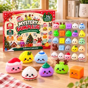 Może przedstawiać: Pudełko kalendarza adwentowego Mystery Dumpling z 24 numerowanymi okienkami oraz przezroczysta plastikowa tacka zawierająca 24 małe, kolorowe, miękkie zabawki w kształcie pierożków z buźkami, niektóre z akcesoriami świątecznymi.