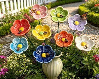 Estacas de cerámica para jardín de flores, bebedero para abejas, estaca para polinizadores, decoración colorida para macetas de flores, regalo para jardineros.