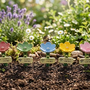 May include: Five colorful flower-shaped garden markers in pink, green, blue, yellow, and pink. Each marker has a small sign that reads "CUPS FOR BEE". The markers are placed in the soil among plants.