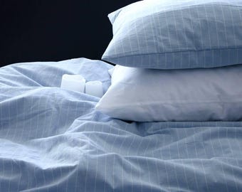 Blue Striped Linen Cotton Blend Bedding Set, Stonewashed Pillow Cases