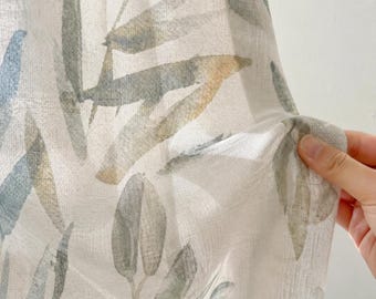 Cortinas transparentes con estampado botánico, paneles para ventanas con estampado de hojas verdes y azules, cortinas con aspecto de lino, cortinas para sala de estar, cortinas para dormitorio, cortinas a medida.