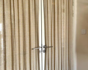Cortinas de café de lino puro a cuadros amarillos, cortinas francesas 100% lino, paneles de lino transparente con bolsillo para barra a medida, revestimiento de ventanas estilo casa de campo.