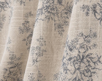 Cortinas de lino con estampado floral azul, visillos semitransparentes con estampado botánico vintage, paneles de ventana personalizados de estilo campestre francés que filtran la luz.