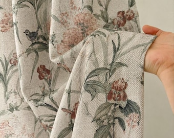 Vintage Botanical Curtains,Bird Print Floral Drapes,Linen Blend Custom Curtains,Farmhouse Cottage Window Panels.