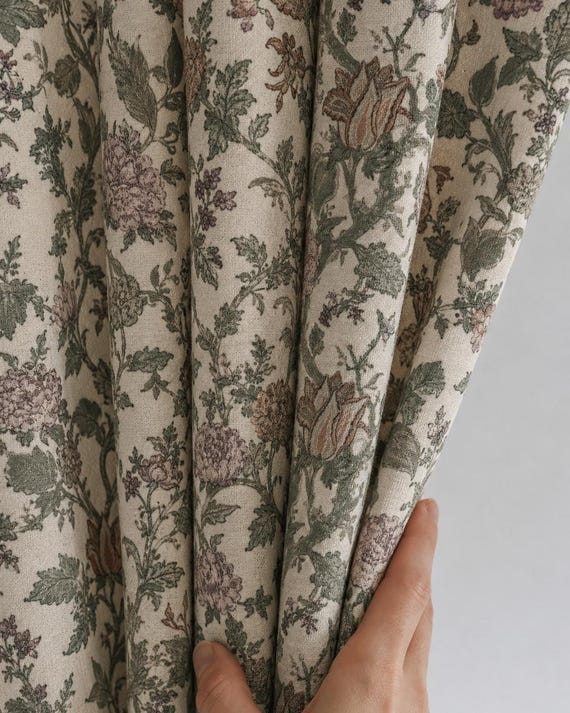 French Floral Linen Blend Curtains,Vintage Botanical Drapes,Cottagecore Window Panels,Farmhouse Neutral Curtains,Custom Rustic Curtain.