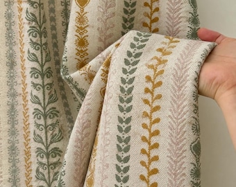 Panel de cortina con rayas botánicas, cortinas florales de lino sintético, cortinas que filtran la luz en color verde mostaza, tratamiento de ventanas personalizado estilo cottagecore.