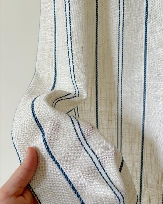 Striped Linen Blend Curtains,Blue Ticking Stripe Drapes,Neutral Farmhouse Curtains,Light Filtering Window Panels.