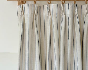 Blau gestreifte Leinenvorhänge, Vorhänge aus Leinenmischung, Bauernhausfensterpaneele, französische Landvorhänge, benutzerdefinierte Lichtfiltervorhänge.