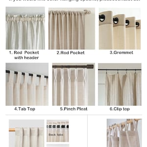 May include: A visual guide titled Hanging Types displaying eight curtain styles: rod pocket with header, rod pocket, grommet, tab top, pinch pleat, clip top, multifunctional curtain tape with back tabs and hook and ring, and tie top.