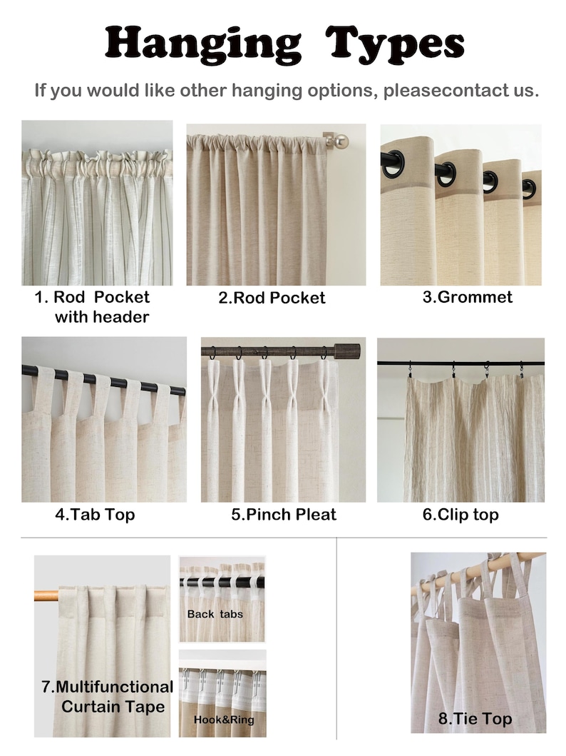 May include: A visual guide titled Hanging Types displaying eight curtain styles: rod pocket with header, rod pocket, grommet, tab top, pinch pleat, clip top, multifunctional curtain tape with back tabs and hook and ring, and tie top.