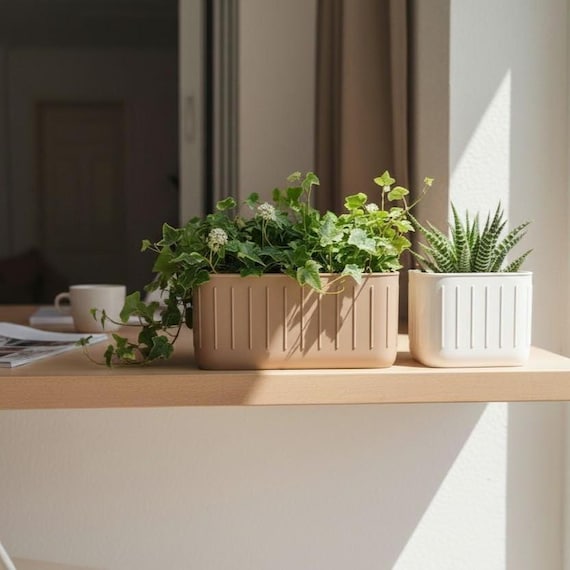 Gerippter quadratischer Rechteck-Übertopf | Minimalistischer Innenblumentopf (3D Gedruckt)