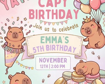Capybara Birthday Invitation, Editable Capy Party Invite, Girls Boys Kawaii Birthday Template, Printable Animal Invite, Canva