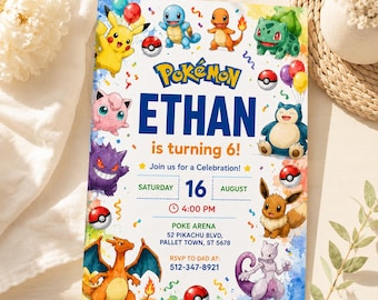 Invitation d'anniversaire Pokémon modifiable | Modèle d'invitation pour une fête d'anniversaire Pikachu | Téléchargement numérique Canva