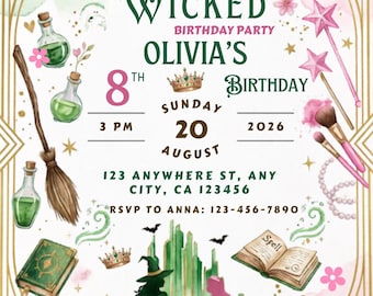 Wicked Birthday Invitation, Editable Elphaba Glinda Party Invite, Girls Musical Birthday Template, Printable Wicked Canva Invite