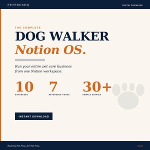 May include: Digital download graphic for dog walkers, titled "The Complete Dog Walker Notion OS." Features the text "Run your entire pet care business from one Notion workspace." Includes 10 databases, 7 reference pages, and 30+ sample entries.