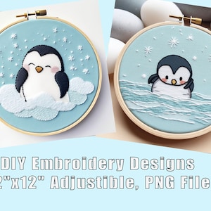 Niedliche Baby Pinguin Stickmuster Drucke, DIY Handstickerei, zwei PNG digitaler Download, einstellbar 12&quot;x12&quot;, 300DPI,