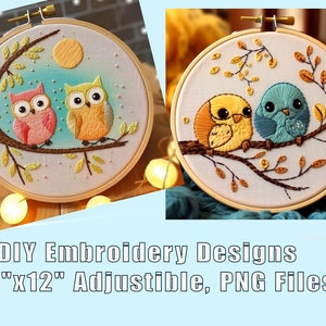 Dos lindos estampados de patrones de bordado de pájaros, bordado a mano diy, descarga digital PNG y PDF, ajustable 12&quot;x12&quot;, 300DPI,