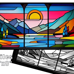 Sunrise over Lake Stained Glass Window Style Print, Download Digital Art, 2 Files 16X8&quot; 300DPI, Stained Glass Art Print, Coloring Page