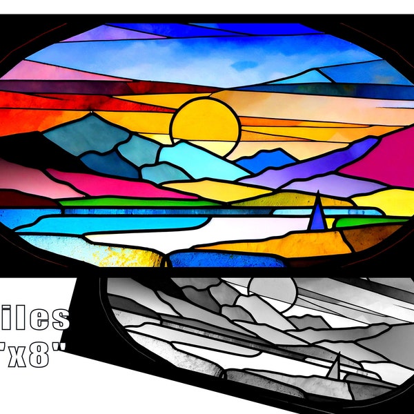 Sunrise over Mountain Stained Glass Window Pattern Print, Download Digital Art, 2 Files 16X8" 300DPI, Stained Glass Art Print, Coloring Page