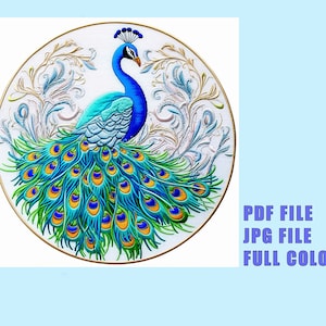 Embroidery Pattern Print Peacock DIY Hand Embroidery JPG & PDF Digital Download Adjustable 16"x16" Peacock Wall Art Print