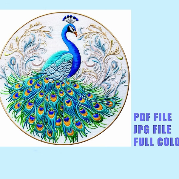 Embroidery Pattern Print Peacock DIY Hand Embroidery JPG & PDF Digital Download Adjustable 16"x16" Peacock Wall Art Print