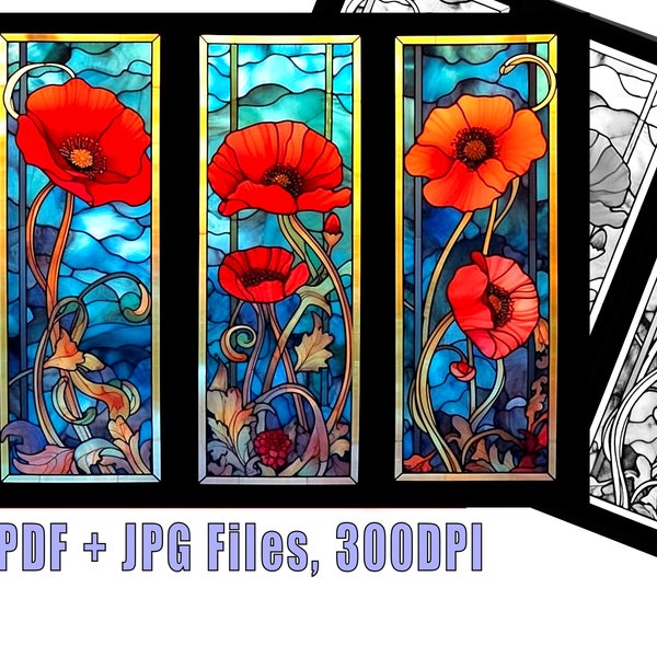 Stained Glass Poppy Panel Print Download Digital Art Still Life Wall Art 16"x20" Adjustable JPG & PDF Files Coloring Book Page