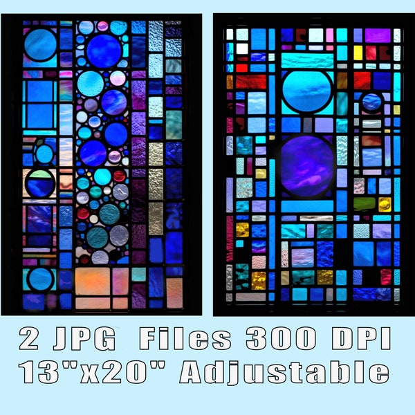 2 Abstract Stained Glass Pattern Prints, Download Digital Geometric Art, Adjustable to 13X20" 300DPI