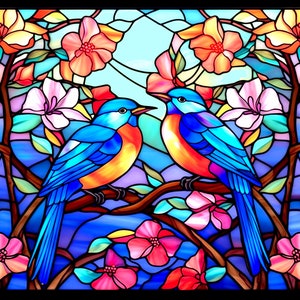 Blue Bird Stained Glass Pattern Print, Download Digital Art, Adjustable