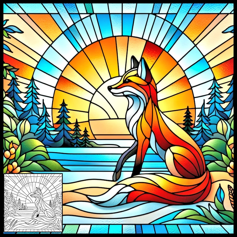 Red Fox on Sunrise Stained Glass Pattern Print Download - Etsy