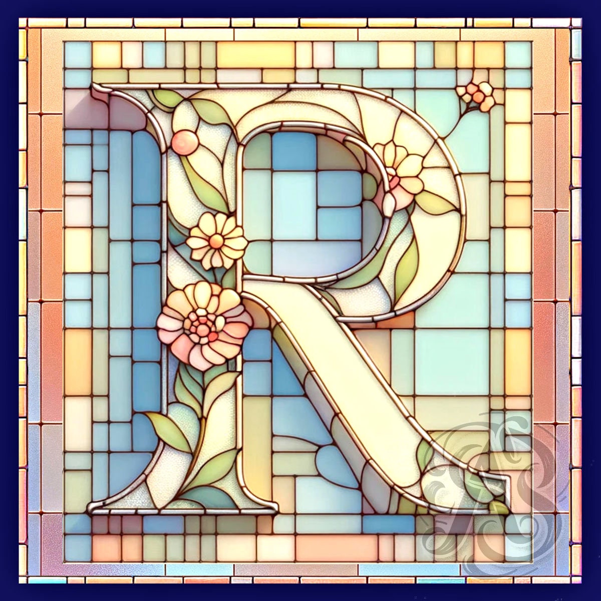 Floral Initial Letter R Stained Glass Style Print, Download Digital JPG ...