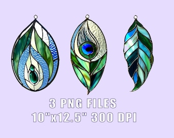 Drie pauwenveren gebrandschilderd glas stijl prints, download digitale muurkunst, verstelbaar tot 10 "x 12,5" png, 300 dpi, DIY Craft