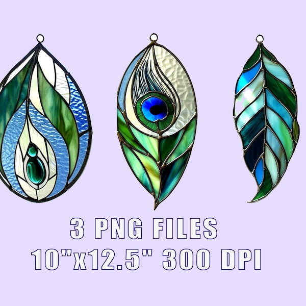 Three Peacock Feather Stained Glass Pattern Prints, Download Digital Wall Art, Adjustable to 10"x12.5" PNG, 300DPI