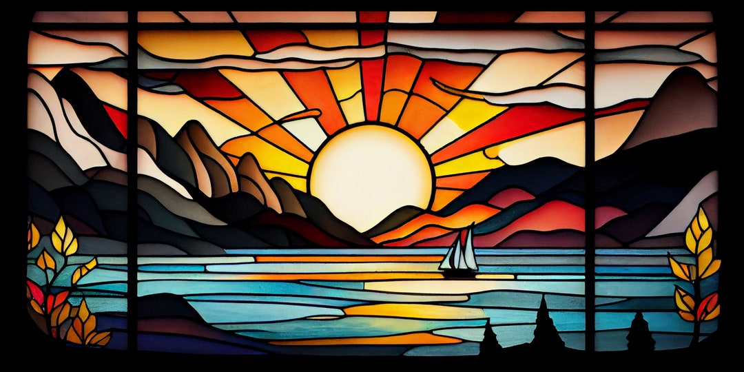 Sunrise Over Lake Stained Glass Window Pattern Print Download - Etsy