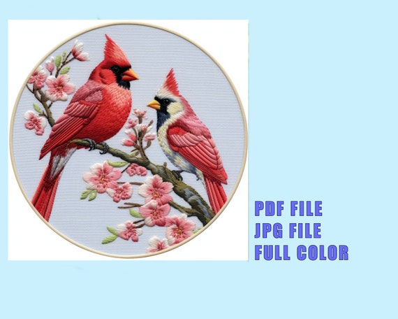 Embroidery Pattern Print Two Cardinals Flower DIY Hand Embroidery JPG & PDF Digital Download Adjustable 16"x16" Bird Wall Art Print