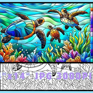 May include: A stained glass panel showing three sea turtles in an underwater scene. The artwork uses blue, green, orange, and purple, with coral and seaweed. The dimensions are 61 cm x 36 cm.