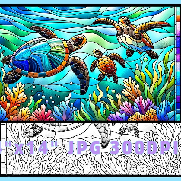 Turtle Family Stained Glass Pattern Print, Download Digital Art, Adjustable 24"x14", 300DPI, Sea Life Wall Art, Turtle Coloring Book Sheet