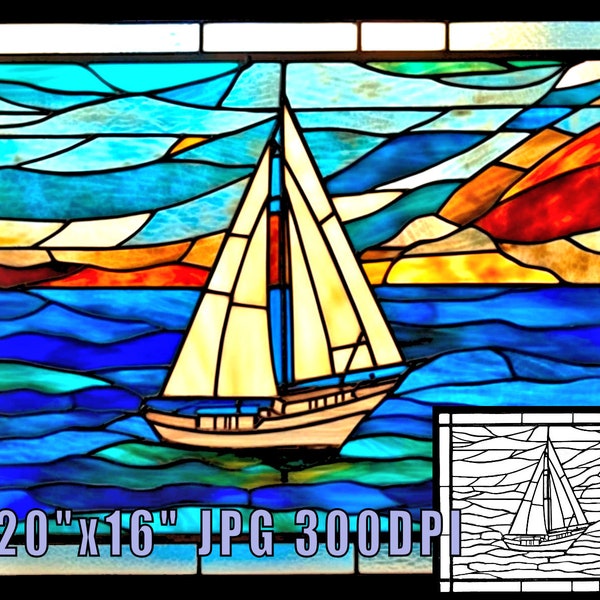 Sailboat on Ocean Stained Glass Pattern Print, Download Landscape Digital Arts, up to 20"x16", 300DPI, Coloring Book Page