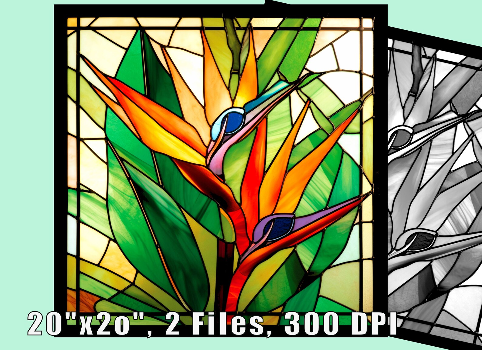 Bird of Paradise Floral Stained Glass Style Print, Download Digital Art ...