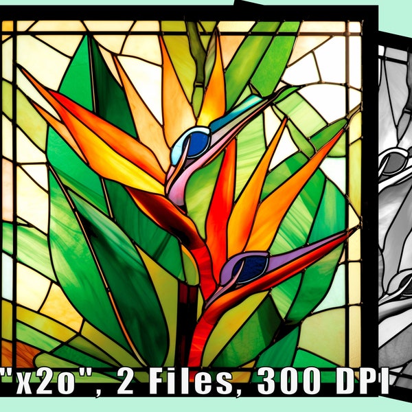 Bird of Paradise Floral Stained Glass Pattern Print, Download Digital Art, up to 20"x20", 300DPI, Coloring Sheet