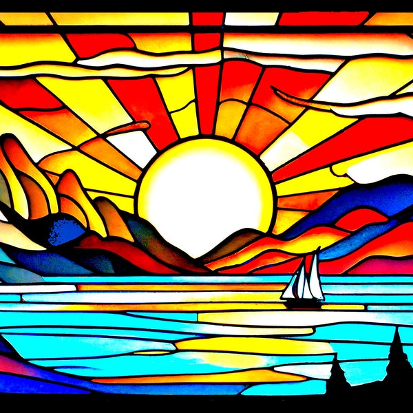 Sunrise over Lake Stained Glass Window Pattern Print, Download Digital Art, Adjustable to 16X8", 300DPI, Landscape Stained Glass Art Print